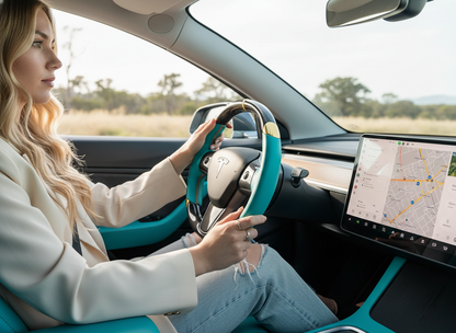 Light blue and gold leather black carbon fiber Tesla Model Y steering wheel - DYNA (2020-2024) Axeco