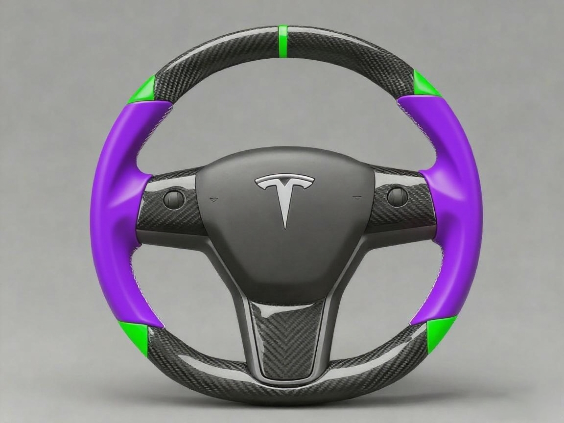 Purple and green leather black carbon fiber Tesla Model Y steering wheel - DYNA (2020-2024) Axeco