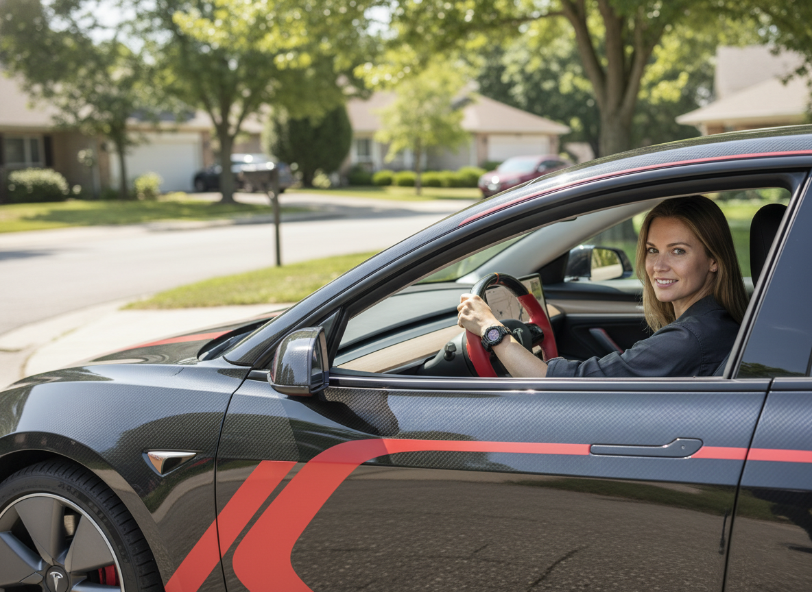 Red and orange Carbon Fiber Tesla Model 3 Custom Steering Wheel -DYNA(2017-2023.9) Axeco