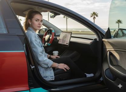 Red and light blue leather black carbon fiber Tesla Model Y steering wheel - DYNA (2020-2024) Axeco