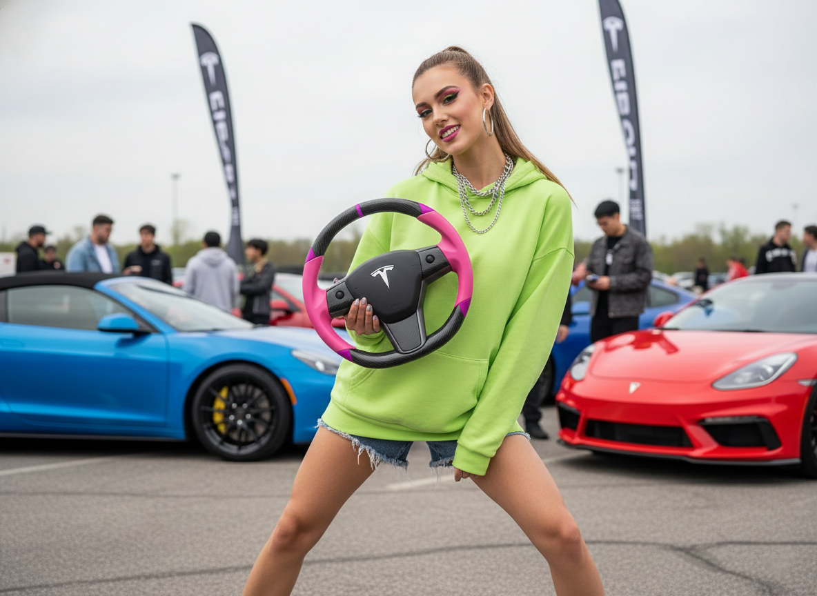 Pink and purple leather black carbon fiber Tesla Model Y steering wheel - DYNA (2020-2024) Axeco