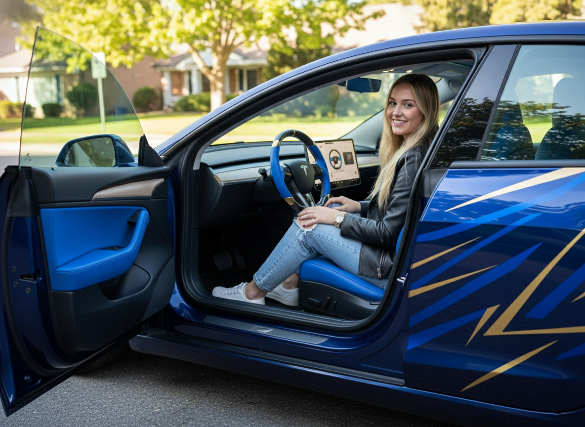 Blue and gold leather black carbon fiber Tesla Model Y steering wheel - DYNA (2020-2024) Axeco