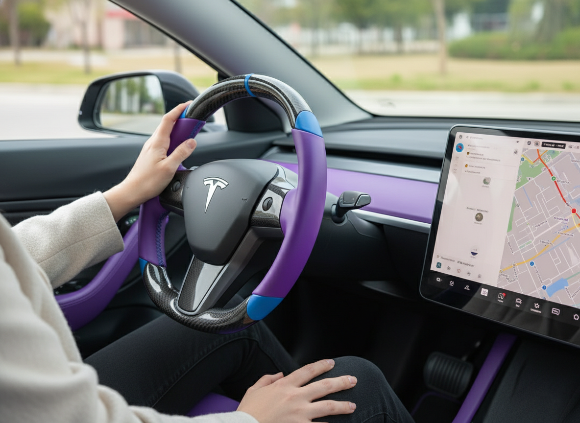 Purple and blue leather black carbon fiber Tesla Model Y steering wheel - DYNA (2020-2024) Axeco