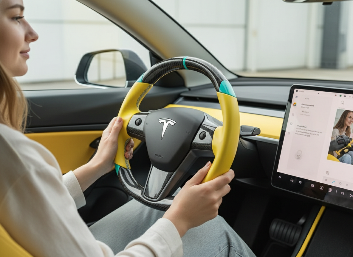 Yellow and light blue leather black carbon fiber Tesla Model Y steering wheel - DYNA (2020-2024) Axeco