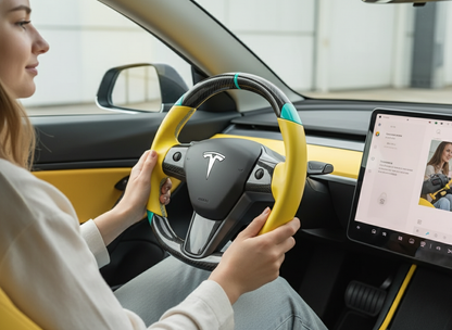 Yellow and light blue leather black carbon fiber Tesla Model Y steering wheel - DYNA (2020-2024) Axeco