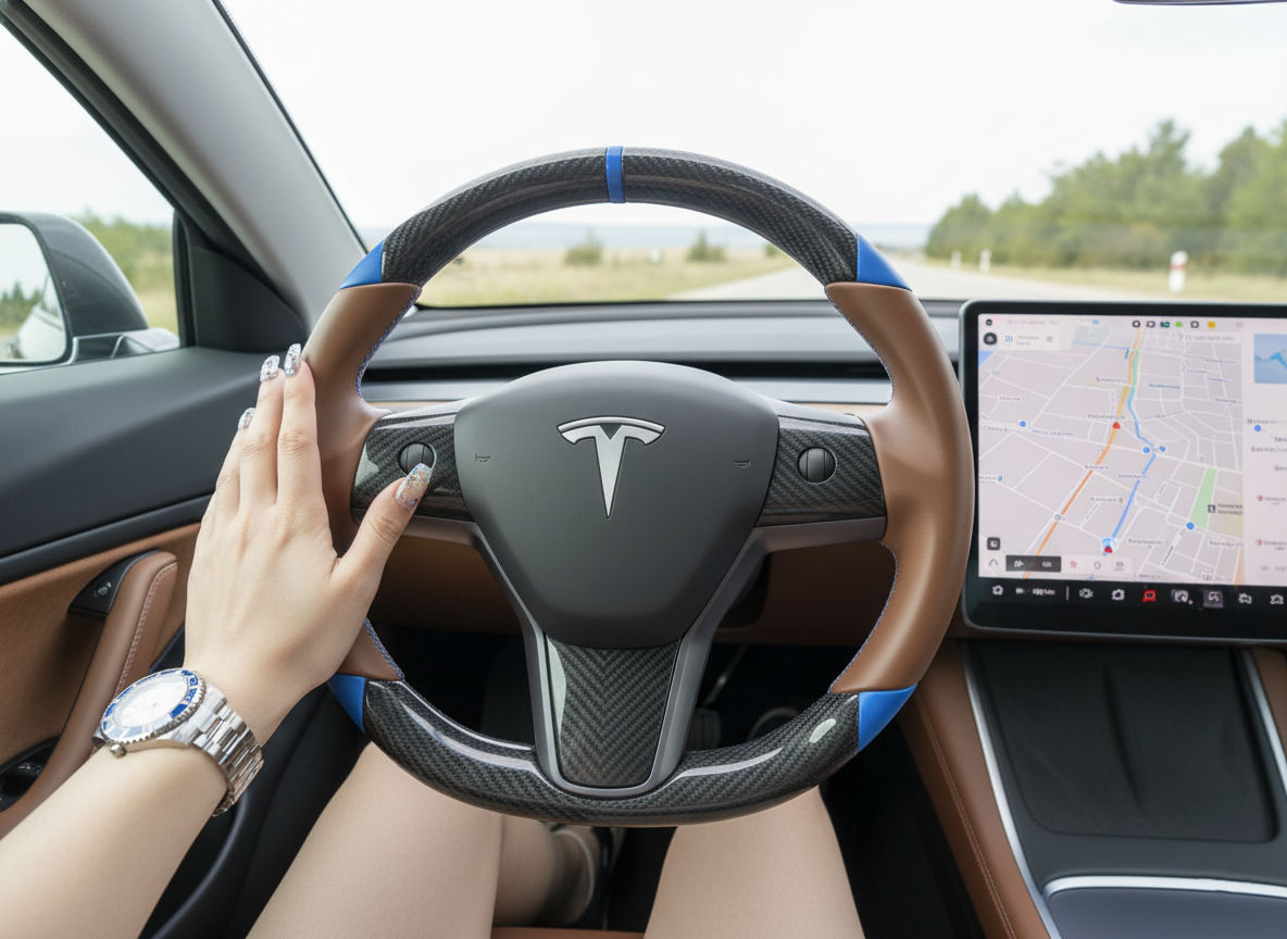 Brown and blue leather black carbon fiber Tesla Model Y steering wheel - DYNA (2020-2024) Axeco