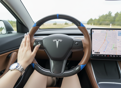 Brown and blue leather black carbon fiber Tesla Model Y steering wheel - DYNA (2020-2024) Axeco