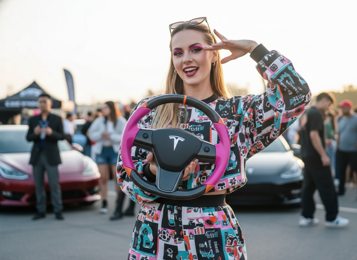 Pink and orange Carbon Fiber Tesla Model 3 Custom Steering Wheel -DYNA(2017-2023.9) Axeco