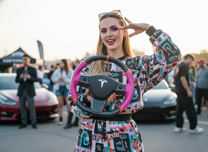 Pink and orange Carbon Fiber Tesla Model 3 Custom Steering Wheel -DYNA(2017-2023.9) Axeco