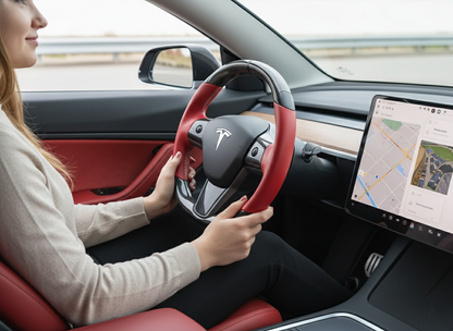 Red and black leather black carbon fiber Tesla Model Y steering wheel - DYNA (2020-2024) Axeco