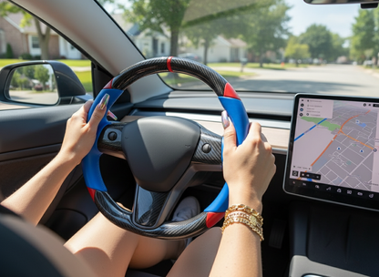 Blue and Red Carbon Fiber Tesla Model 3 Custom Steering Wheel -DYNA(2017-2023.9) Axeco