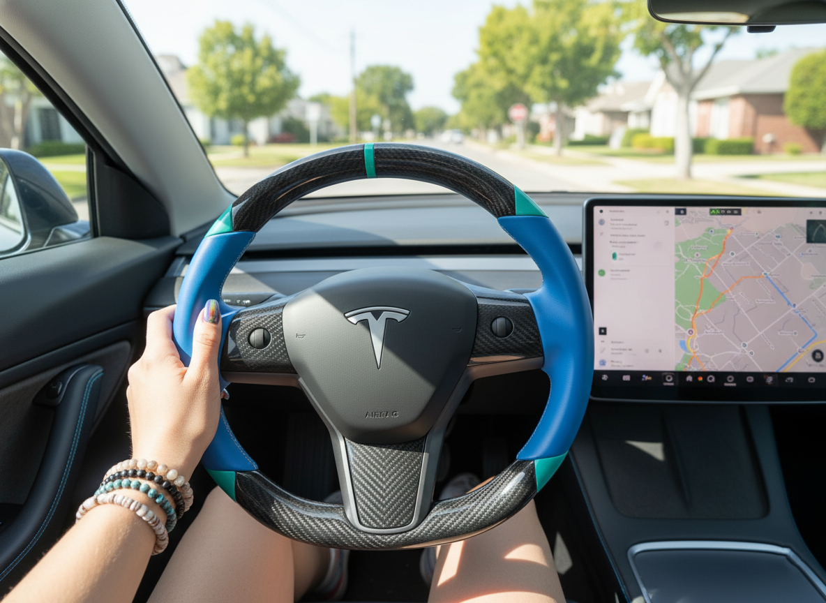 Blue and light blue leather black carbon fiber Tesla Model Y steering wheel - DYNA (2020-2024) Axeco