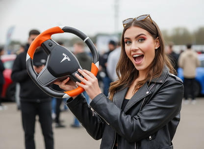 Orange and white Carbon Fiber Tesla Model 3 Custom Steering Wheel -DYNA(2017-2023.9) Axeco