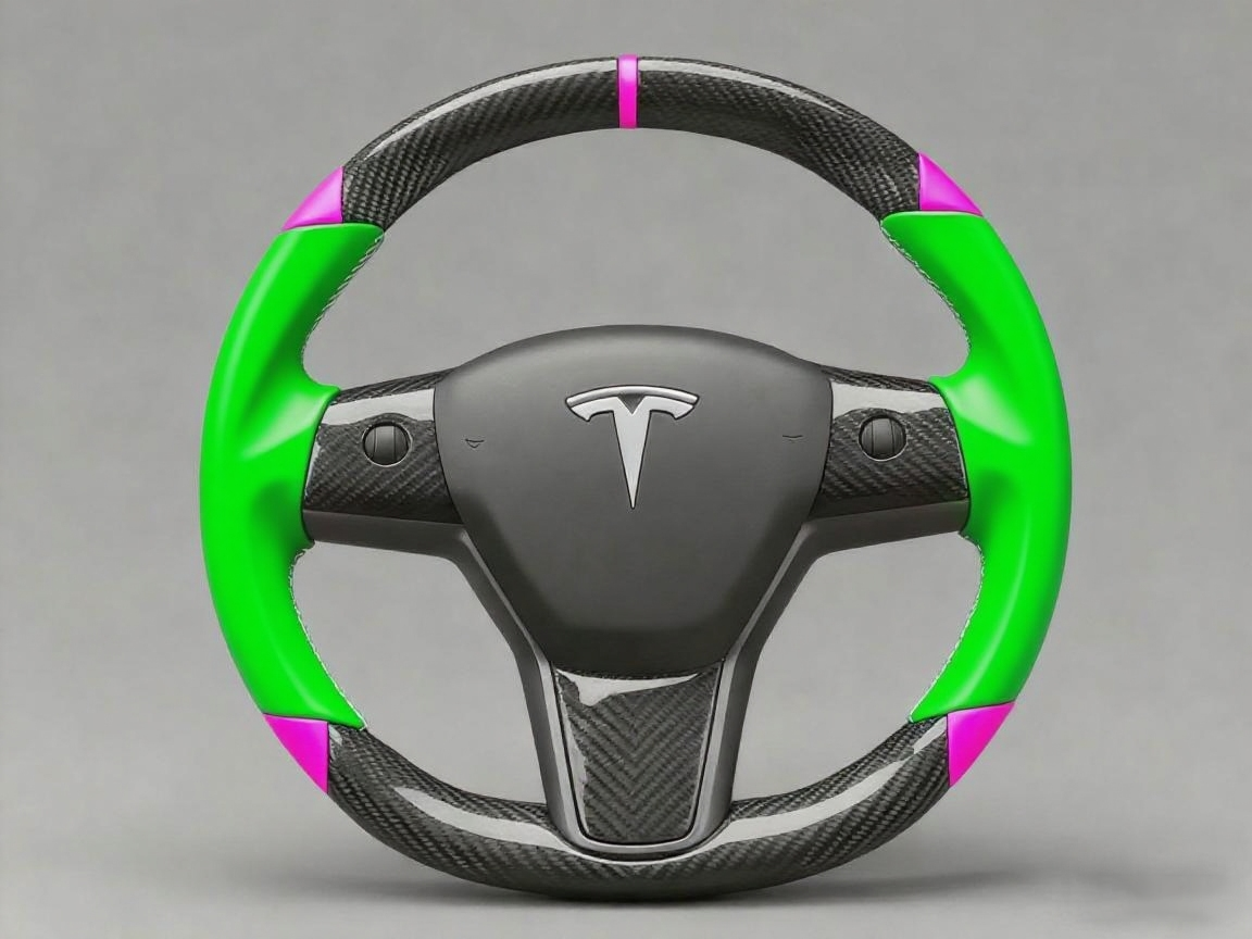 Green and pink Carbon Fiber Tesla Model 3 Custom Steering Wheel -DYNA(2017-2023.9) Axeco