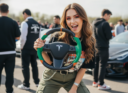Green and orange Carbon Fiber Tesla Model 3 Custom Steering Wheel -DYNA(2017-2023.9) Axeco