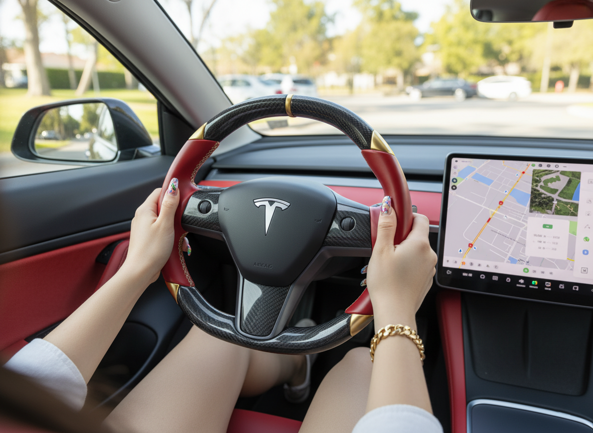 Red-Golden Carbon Fiber Tesla Model 3 Steering Wheel -DYNA(2017-2023.9) Axeco