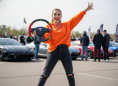 Red and green leather black carbon fiber Tesla Model Y steering wheel - DYNA (2020-2024) Axeco