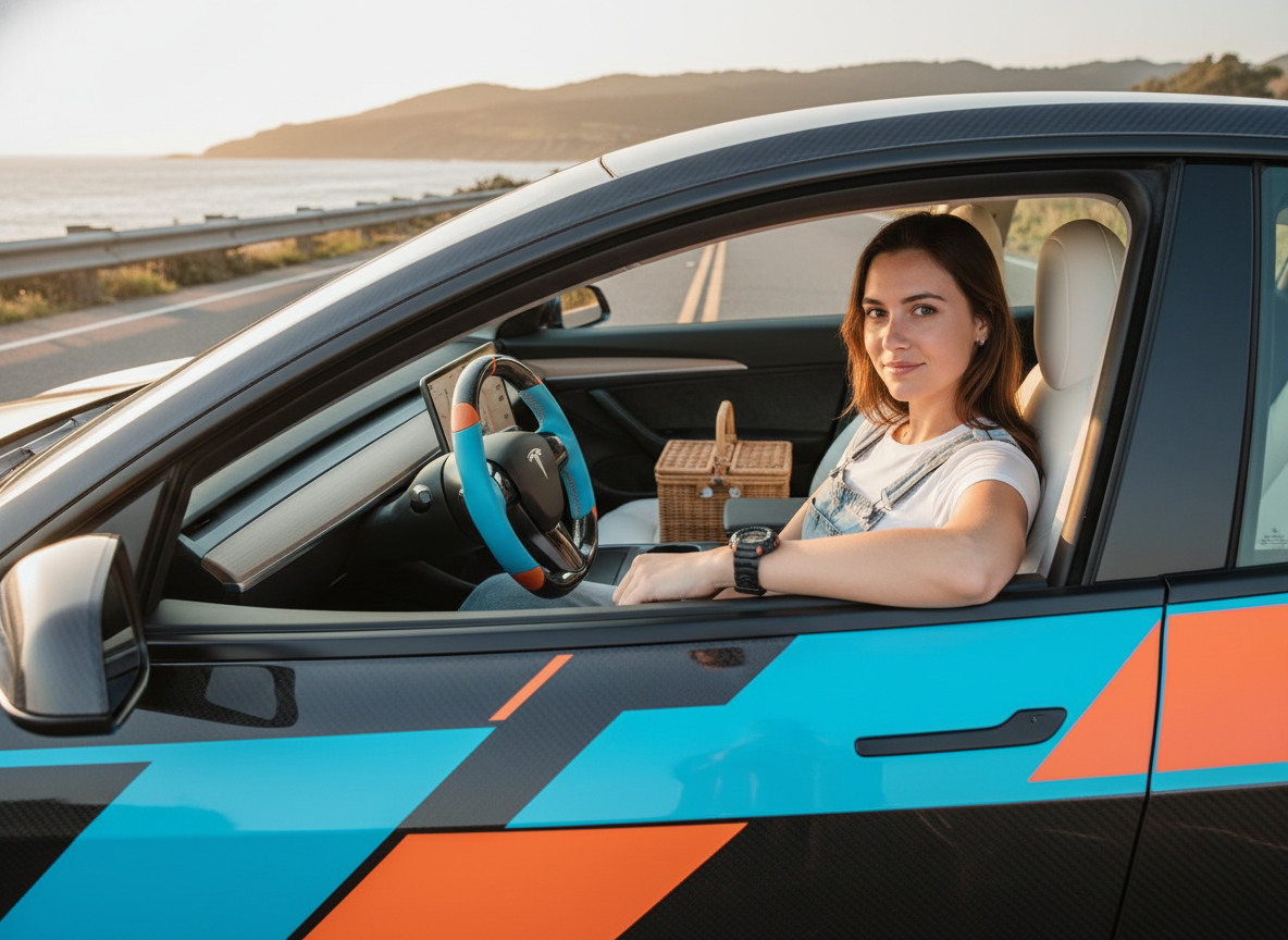 Light blue and orange Carbon Fiber Tesla Model 3 Custom Steering Wheel -DYNA(2017-2023.9) Axeco