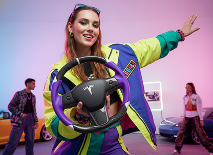 Purple and white Carbon Fiber Tesla Model 3 Custom Steering Wheel -DYNA(2017-2023.9) Axeco