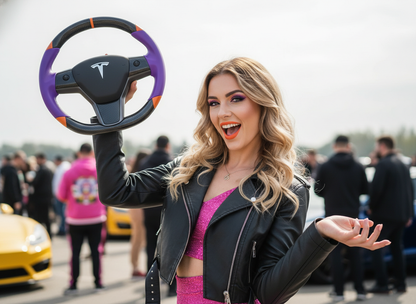 Purple and orange Carbon Fiber Tesla Model 3 Custom Steering Wheel -DYNA(2017-2023.9) Axeco