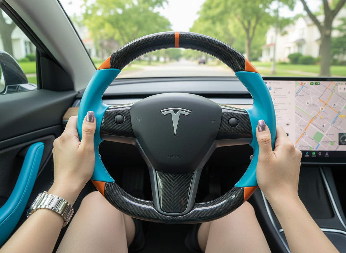 Light blue and orange Carbon Fiber Tesla Model 3 Custom Steering Wheel -DYNA(2017-2023.9) Axeco