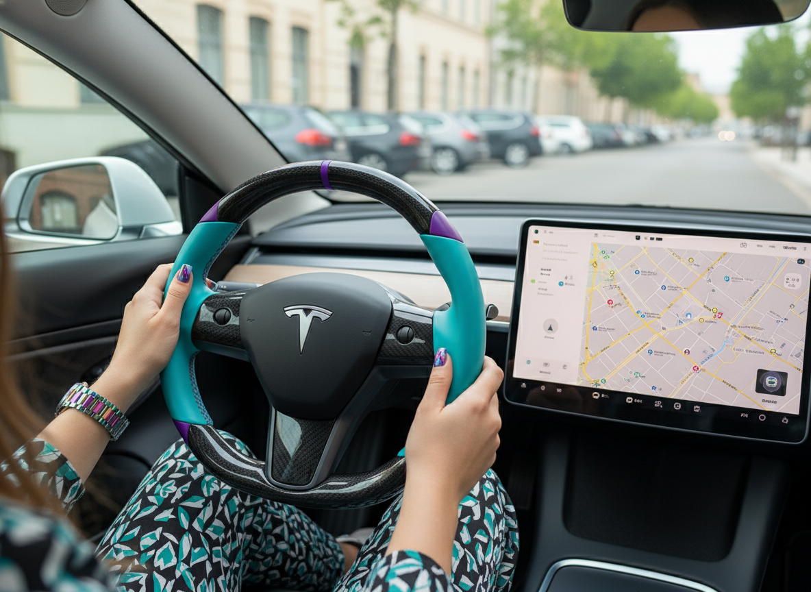 Light blue and purple leather black carbon fiber Tesla Model Y steering wheel - DYNA (2020-2024) Axeco