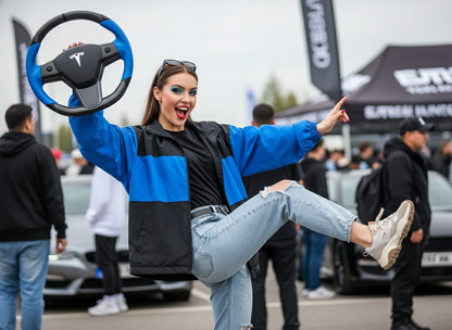 Blue and Black leather black carbon fiber Tesla Model Y steering wheel - DYNA (2020-2024) Axeco