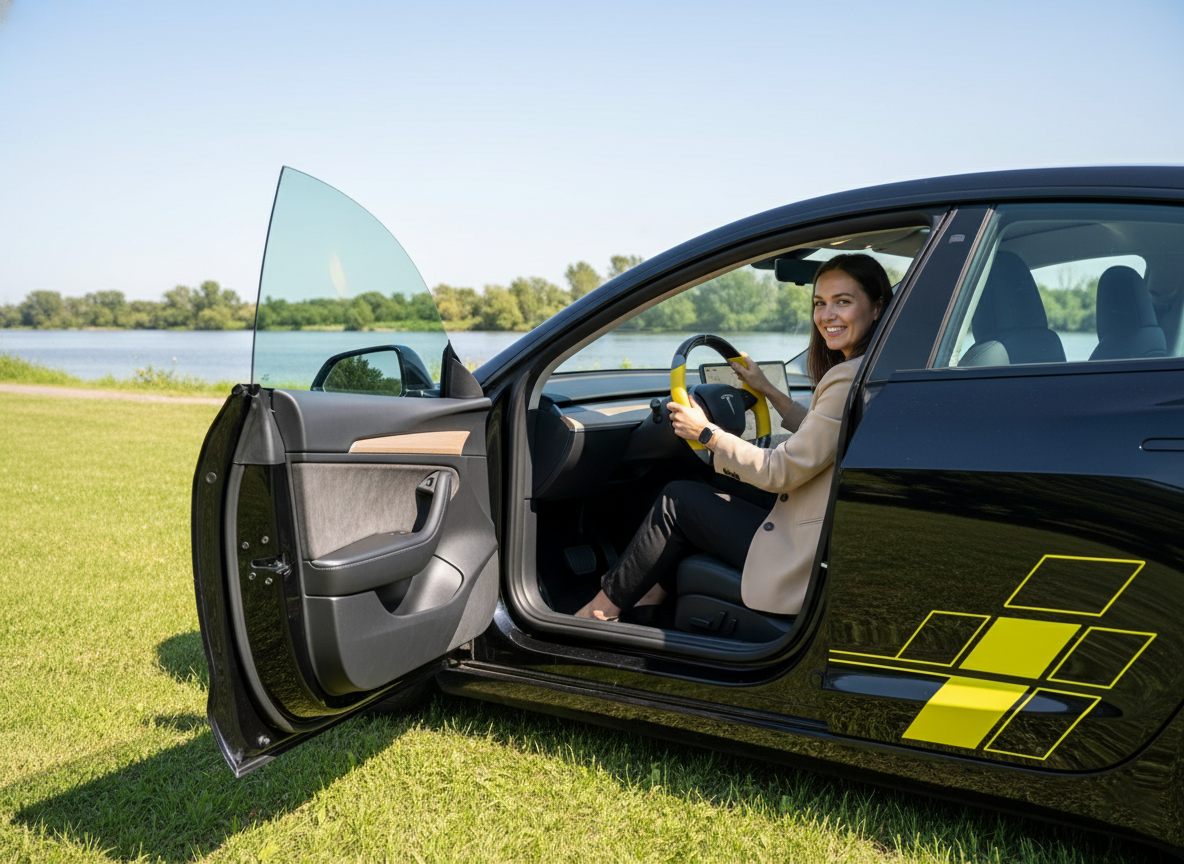 Yellow and grey Carbon Fiber Tesla Model 3 Highland Custom Steering Wheel -DYNA(2023.9) Axeco