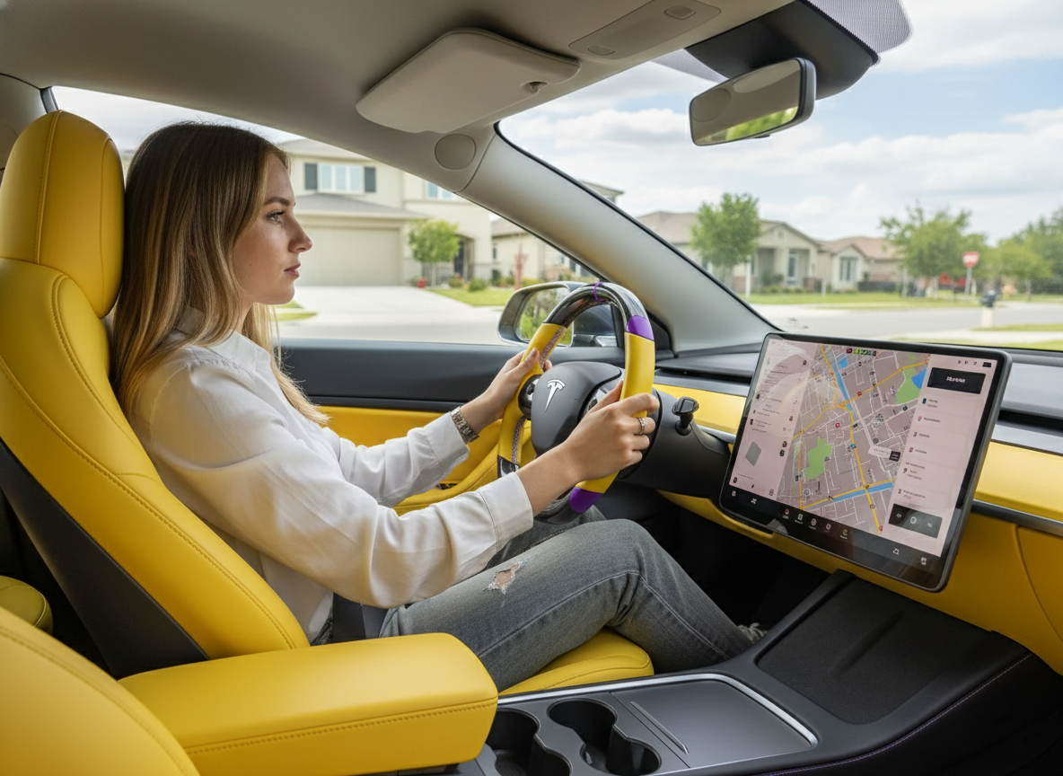 Yellow and purple leather black carbon fiber Tesla Model Y steering wheel - DYNA (2020-2024) Axeco