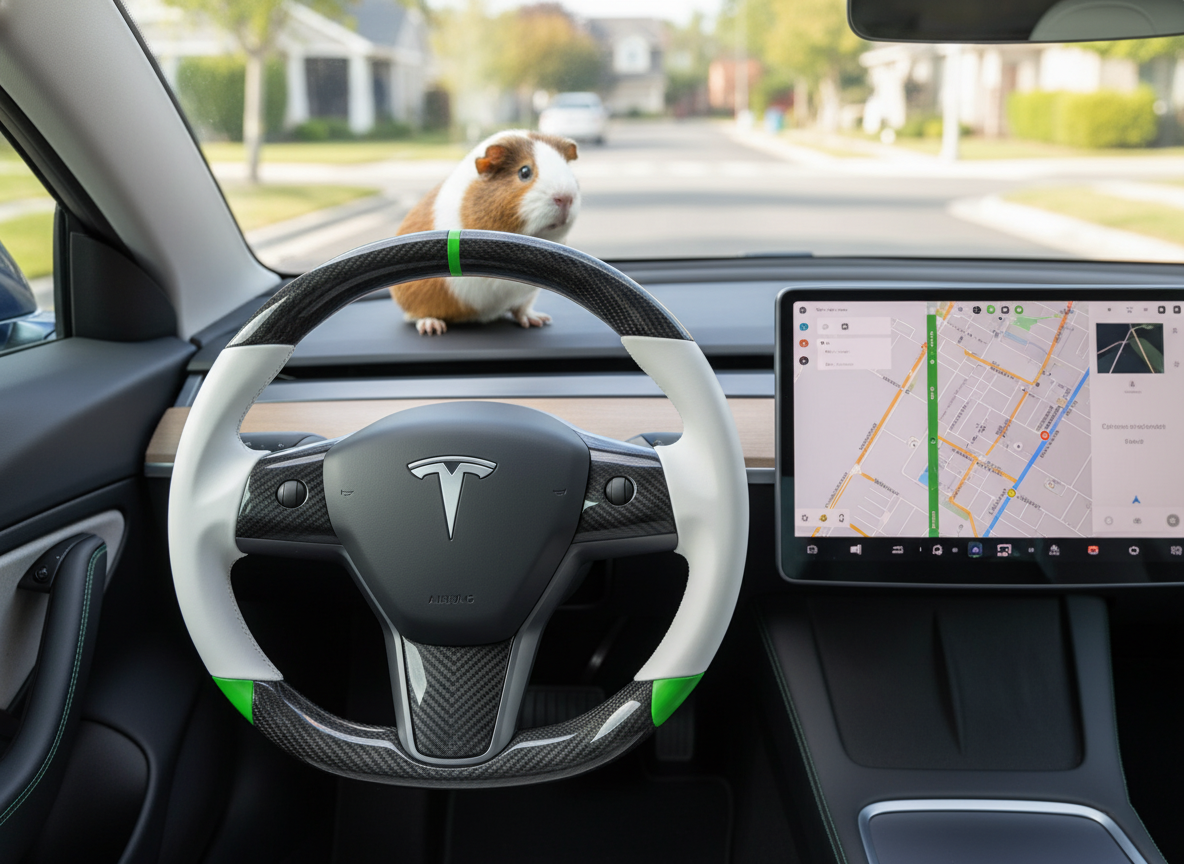 White and green leather black carbon fiber Tesla Model Y steering wheel - DYNA (2020-2024) Axeco