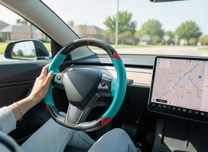 Mint green and red Carbon Fiber Tesla Model 3 Custom Steering Wheel -DYNA(2017-2023.9) Axeco