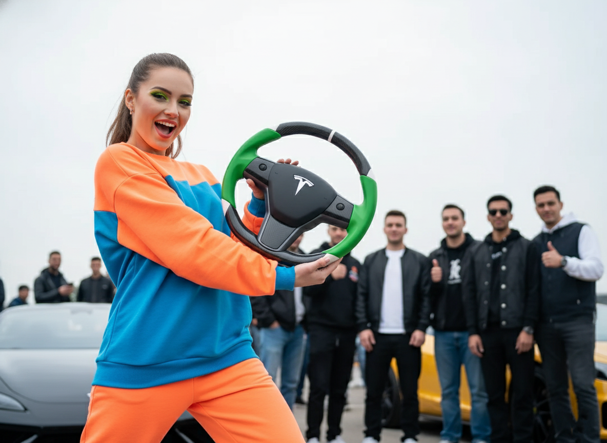 Green and white Carbon Fiber Tesla Model 3 Custom Steering Wheel -DYNA(2017-2023.9) Axeco