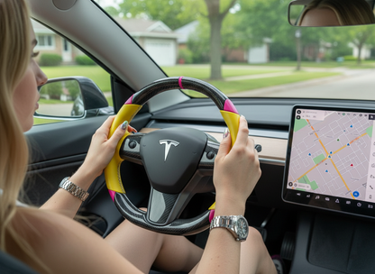 Yellow and pink Carbon Fiber Tesla Model 3 Custom Steering Wheel -DYNA(2017-2023.9) Axeco