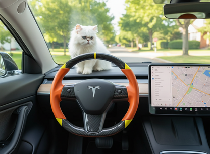 Orange and yellow Carbon Fiber Tesla Model 3 Custom Steering Wheel -DYNA(2017-2023.9) Axeco