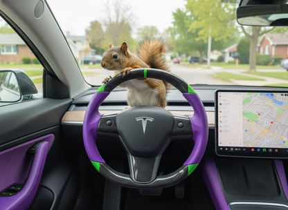 Purple and green leather black carbon fiber Tesla Model Y steering wheel - DYNA (2020-2024) Axeco