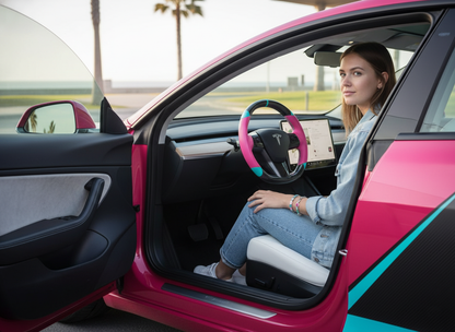 Pink and light blue leather black carbon fiber Tesla Model Y steering wheel - DYNA (2020-2024) Axeco