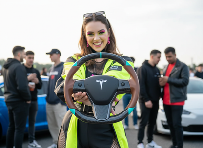 Brown and light blue leather black carbon fiber Tesla Model Y steering wheel - DYNA (2020-2024) Axeco