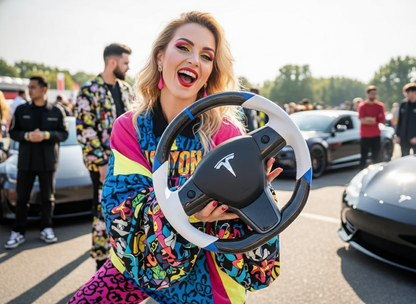 White and blue leather black carbon fiber Tesla Model Y steering wheel - DYNA (2020-2024) Axeco