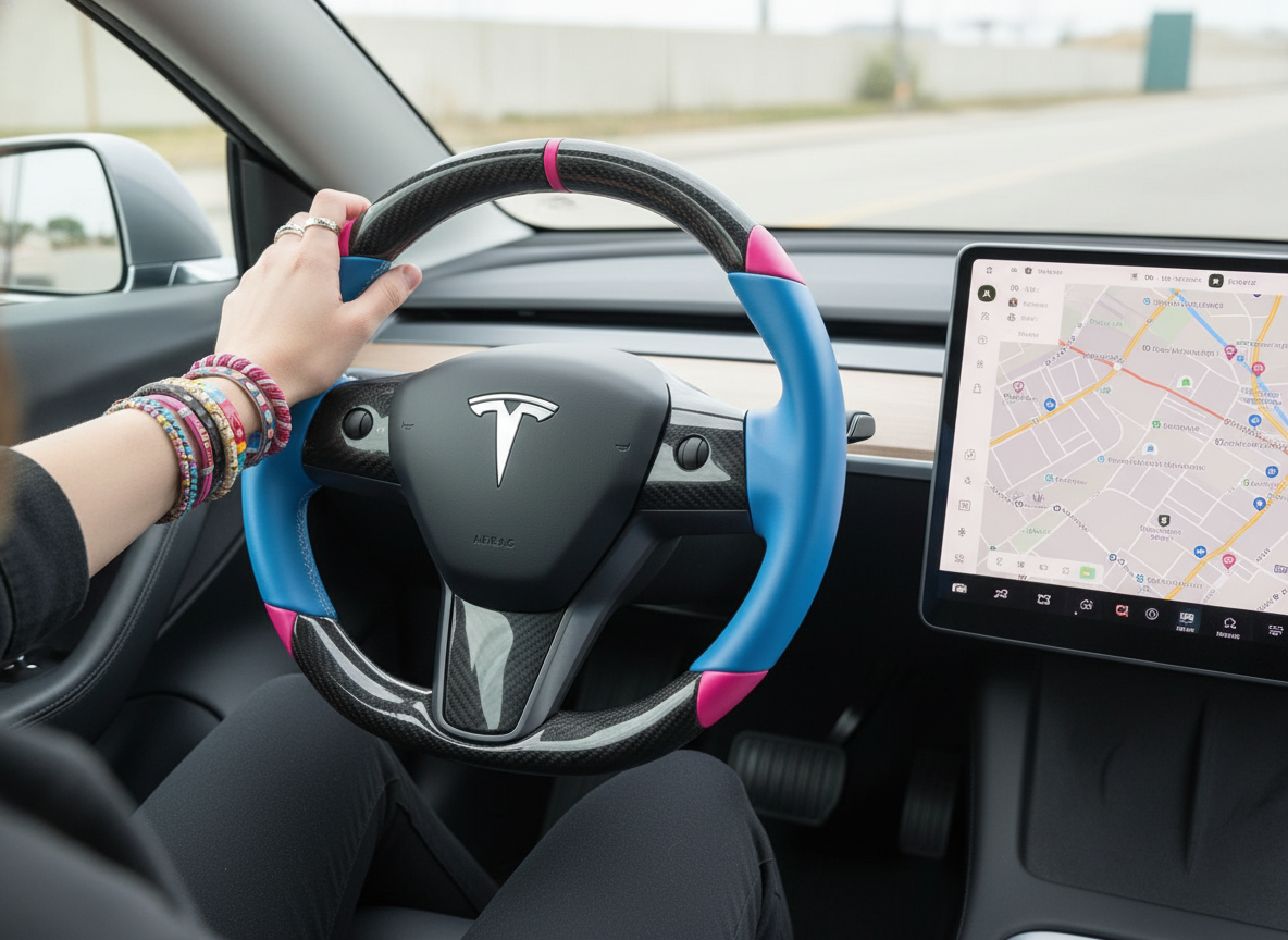 Blue and pink Carbon Fiber Tesla Model 3 Custom Steering Wheel -DYNA(2017-2023.9) Axeco