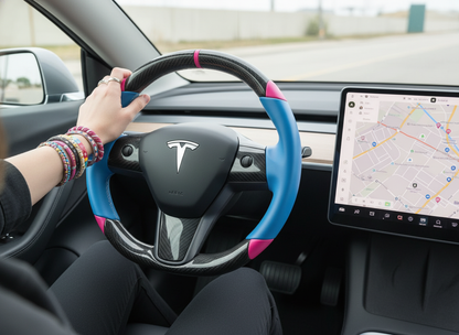 Blue and pink Carbon Fiber Tesla Model 3 Custom Steering Wheel -DYNA(2017-2023.9) Axeco