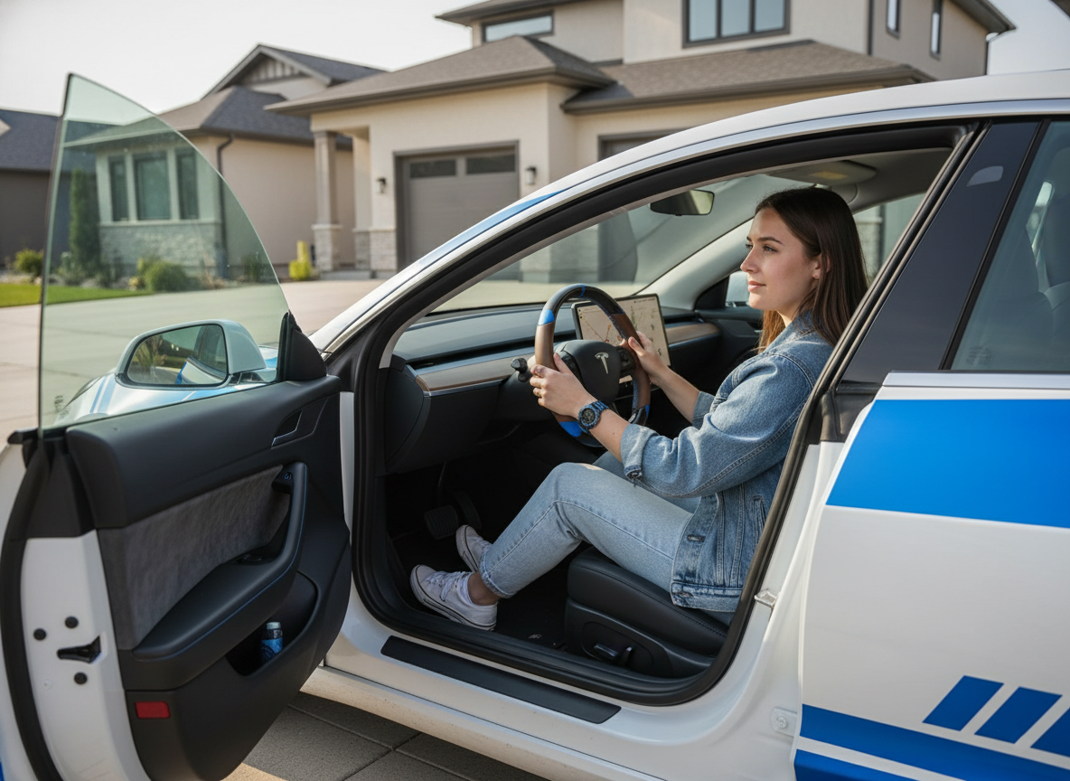 Brown and blue leather black carbon fiber Tesla Model Y steering wheel - DYNA (2020-2024) Axeco