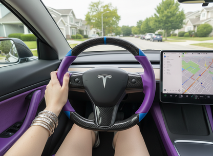Purple and blue leather black carbon fiber Tesla Model Y steering wheel - DYNA (2020-2024) Axeco