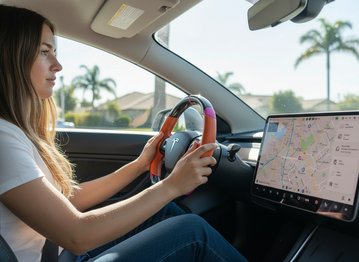 Orange and pink Carbon Fiber Tesla Model 3 Custom Steering Wheel -DYNA(2017-2023.9) Axeco
