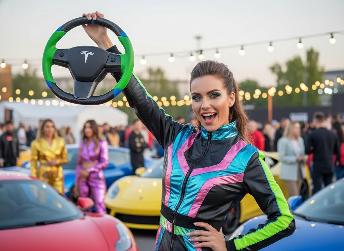 Green and blue leather black carbon fiber Tesla Model Y steering wheel - DYNA (2020-2024) Axeco