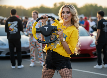 Yellow and gold leather black carbon fiber Tesla Model Y steering wheel - DYNA (2020-2024) Axeco