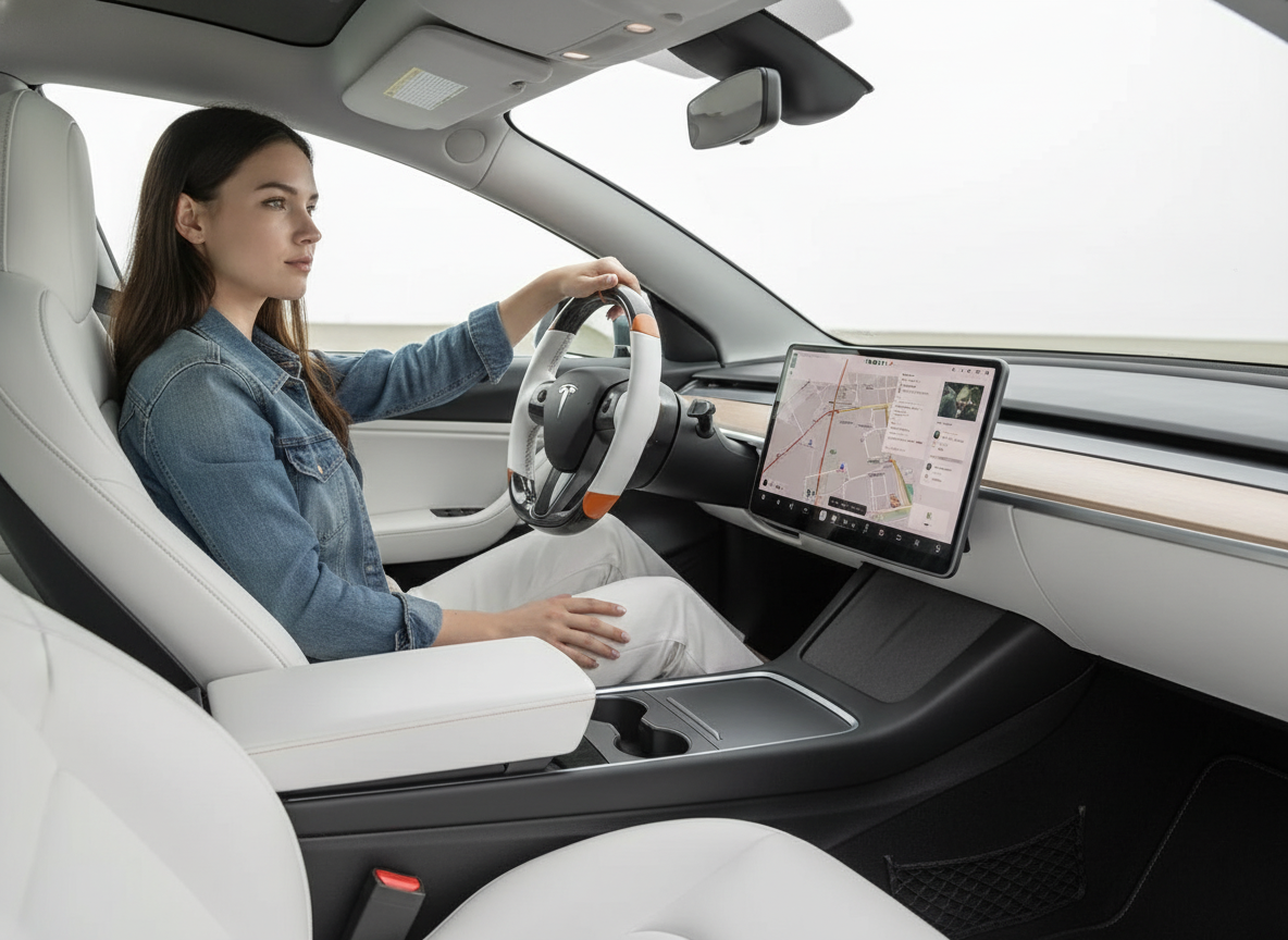 White and orange Carbon Fiber Tesla Model 3 Custom Steering Wheel -DYNA(2017-2023.9) Axeco