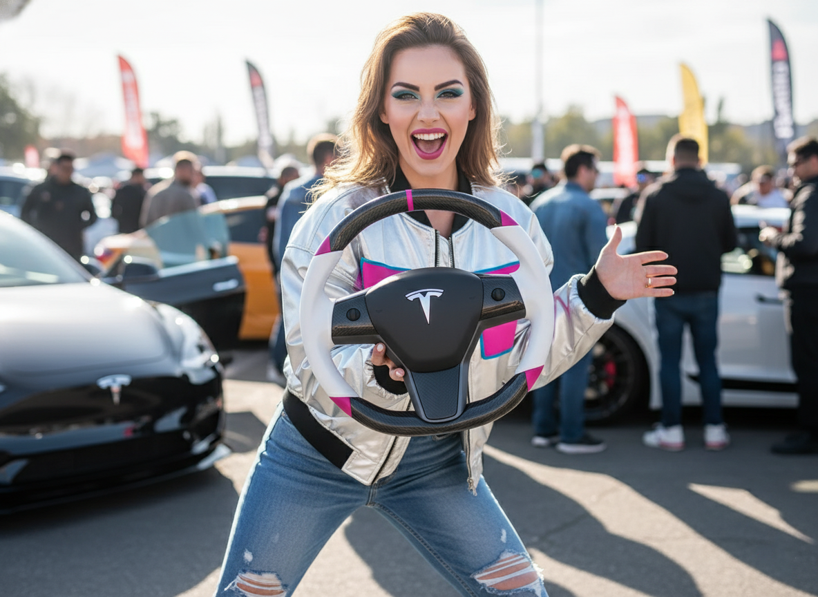 White and pink Carbon Fiber Tesla Model 3 Custom Steering Wheel -DYNA(2017-2023.9) Axeco