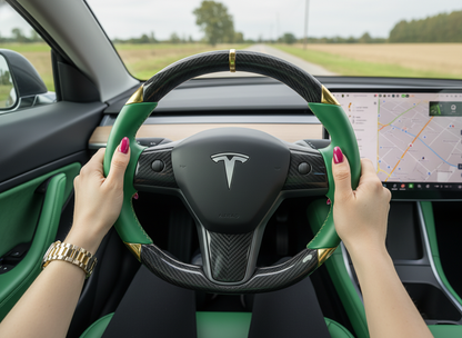 Green and gold leather black carbon fiber Tesla Model Y steering wheel - DYNA (2020-2024) Axeco