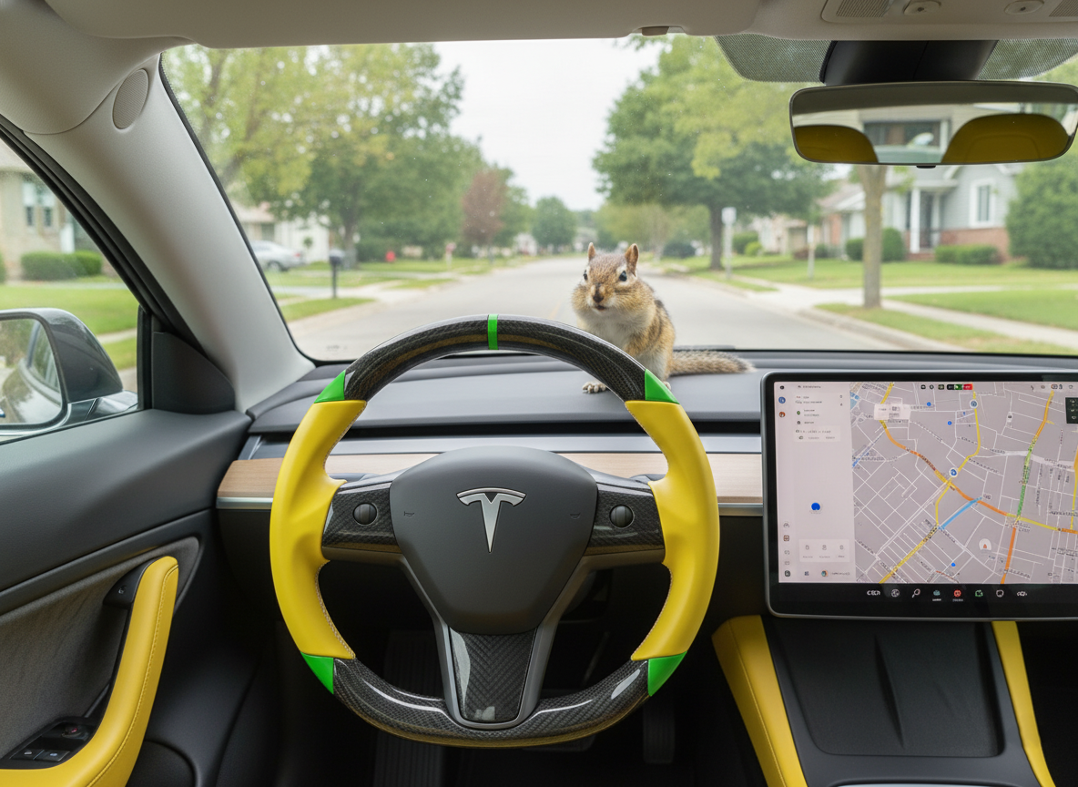 Yellow and green leather black carbon fiber Tesla Model Y steering wheel - DYNA (2020-2024) Axeco