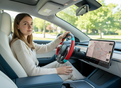 Red and light blue leather black carbon fiber Tesla Model Y steering wheel - DYNA (2020-2024) Axeco